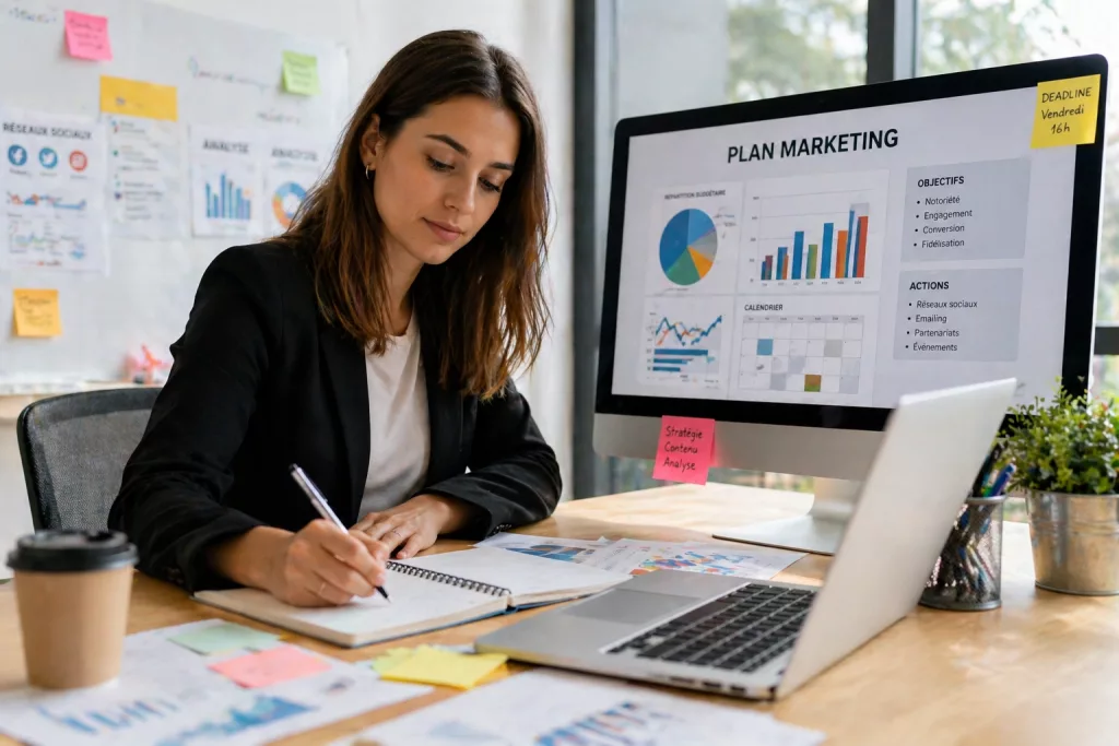 assistante marketing en train de travailler sur son bureau