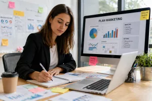 assistante marketing en train de travailler sur son bureau