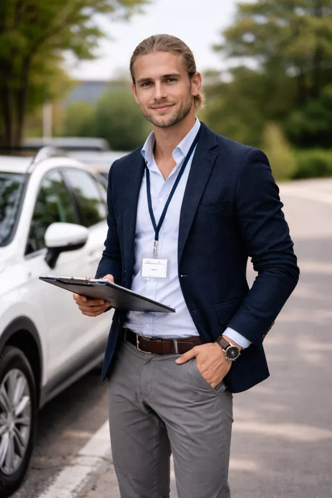 jeune responsable de secteur en déplacement professionnel avec tablette et voiture de fonction