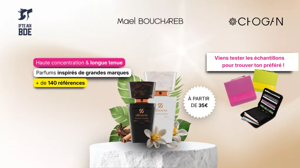Le BDE s’associe à Chogan pour proposer aux étudiants une expérience unique autour de parfums concentrés, accessibles et inspirés des grandes marques.