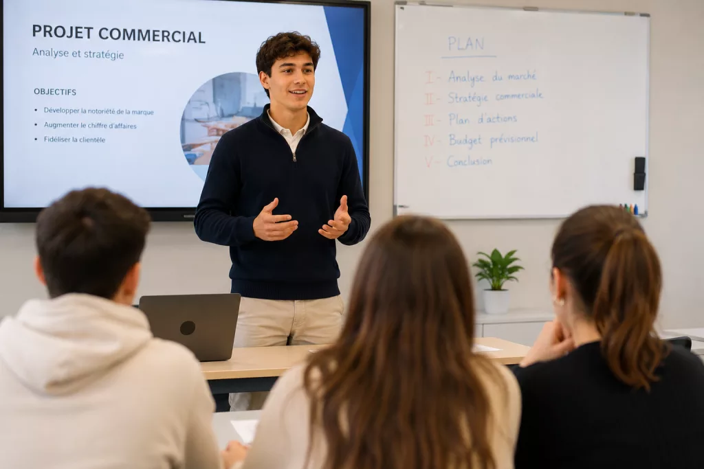 Étudiant présentant un projet à l'oral devant sa classe lors d'une formation en alternance