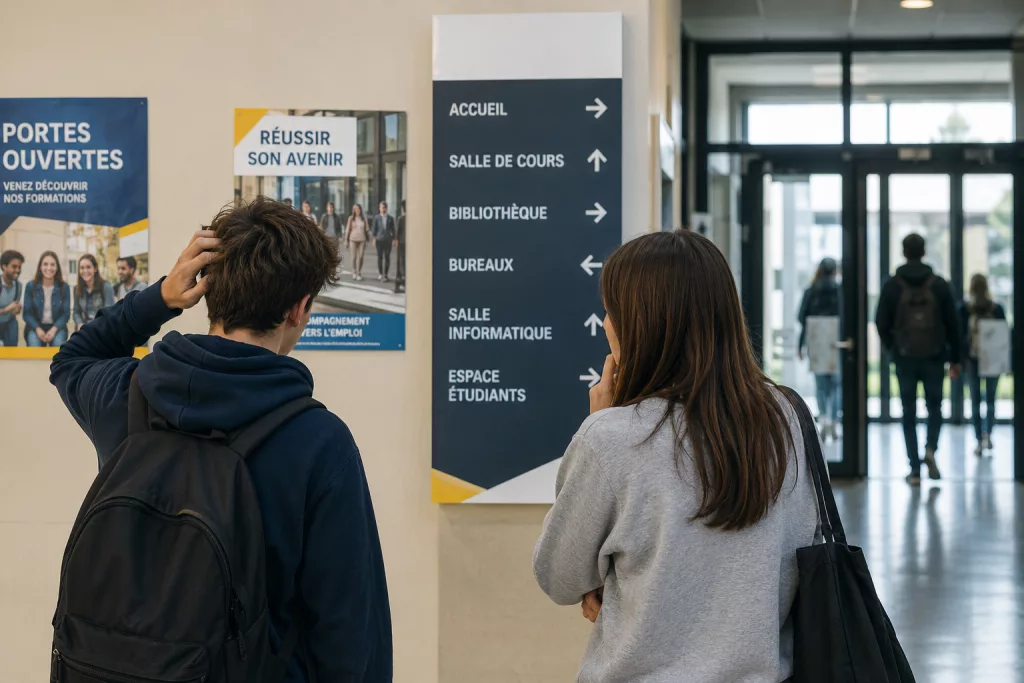 Deux lycéens de dos réfléchissent à leur orientation après le bac dans le hall d'un établissement scolaire.